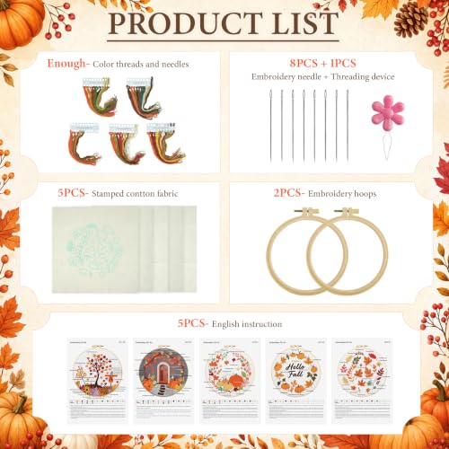 Image of 5 Sets Fall Embroidery Kits for Beginners, Autumn Pumpkins and Maple Leaves Embroidery Starter Kit for Adults Thanksgiving Gifts with Stamped Pattern DIY Needlepoint Kit Cross Stitch Set with 2 Hoops