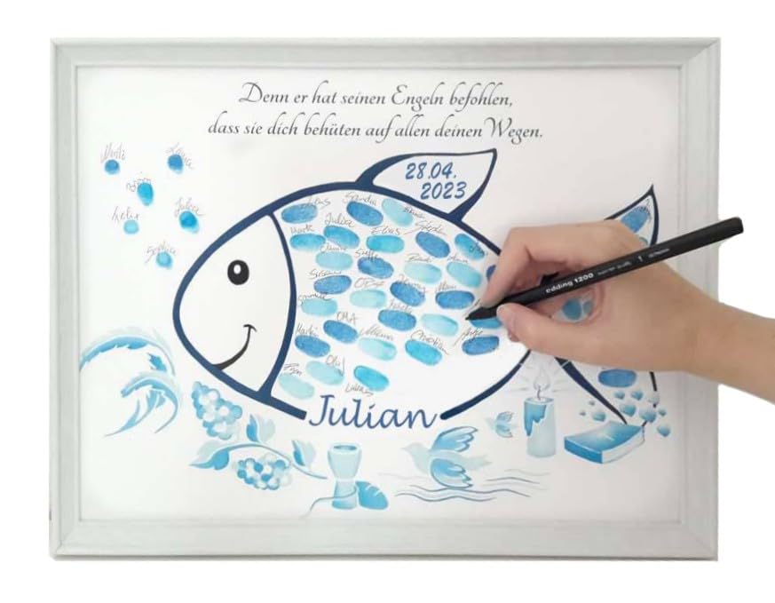 Taufe Geschenk Junge Mädchen, Fisch, Taufgeschenk, Gästebuch, Kommunion, Konfirmation, Fingerabdruck Gäste, Taufgeschenk, Fingerabdruckbaum, Leinwand Bild Poster