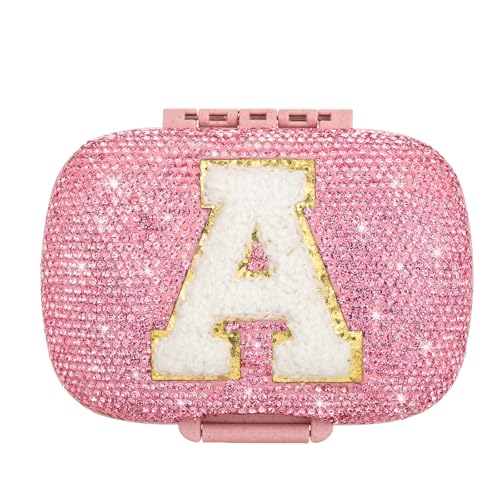 Image of Cute Pill Organizer Small Bling Pill Case for Purse Medicine Vitamin Container Holder Daily Pill Box Container for Women Travel Medicine Kit(Letter A Pink)