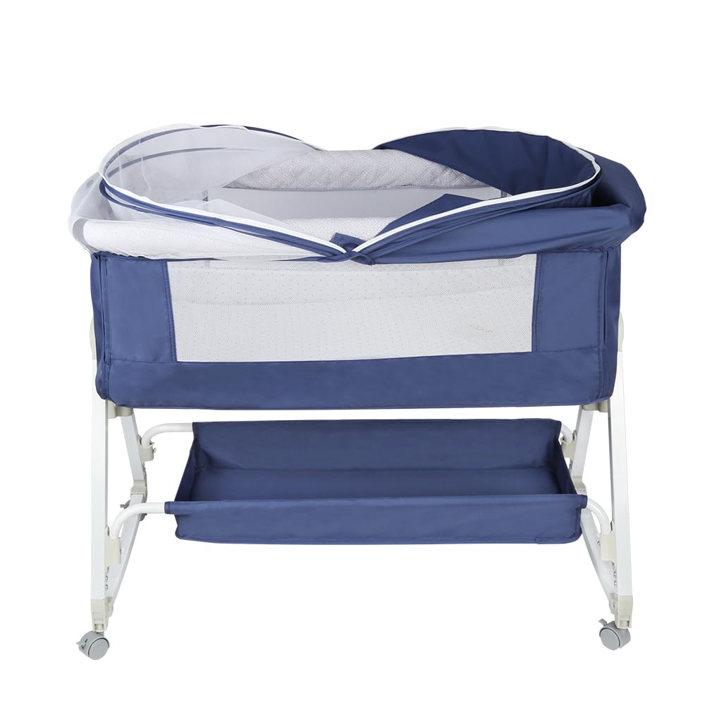 homewell 2 en 1 Lit Cododo Bebe Pliable, Berceau Cododo 0-30 Mois, 6 Réglages de Hauteur, Berceau bébé Mobile Lit d'Appoint, Grand Panier, Apportez UNE moustiquaire (Bleu Marine, 95 * 50*(98-110) cm)