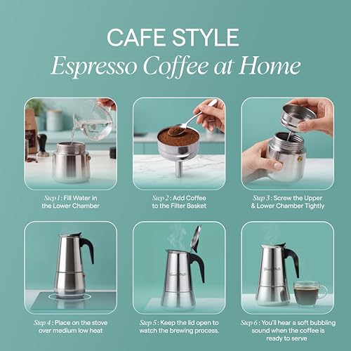 Image of Stainless Steel Stovetop /Induction Top Moka Pot Coffee Maker, 200 ml (4-Cup), Italian-Style Espresso Maker, Coffee Percolator with Heat Resistant Handle, Silver