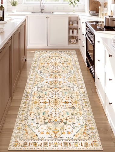 SERISSA Boho Washable Runner Rug, 2x6 Rug Runner Non-Slip Vintage Light Yellow Hallway Kitchen Runner Rug Ultra Soft Print Distressed Floor Carpet Runner for Bedroom Bathroom Laundry Living Room