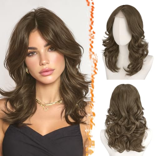 BARSDAR Corta Ondulada Claro Marrón Peluca, 40cm Shoulderlongitud Marrón Pelucas para Mujer Corta Loose Wave Textured Layererd Peluca con Curtain Bangs Sintética Aspecto Natural Pelucas de Pelo Diario