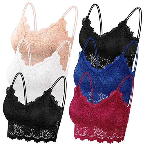 PAXCOO 6 Pcs Lace Bralette for Women, Lace Bralette Padded Lace Bandeau Bra with Straps for Women Girls (Medium-Large, Black, Beige, White, Navy and Burgundy)