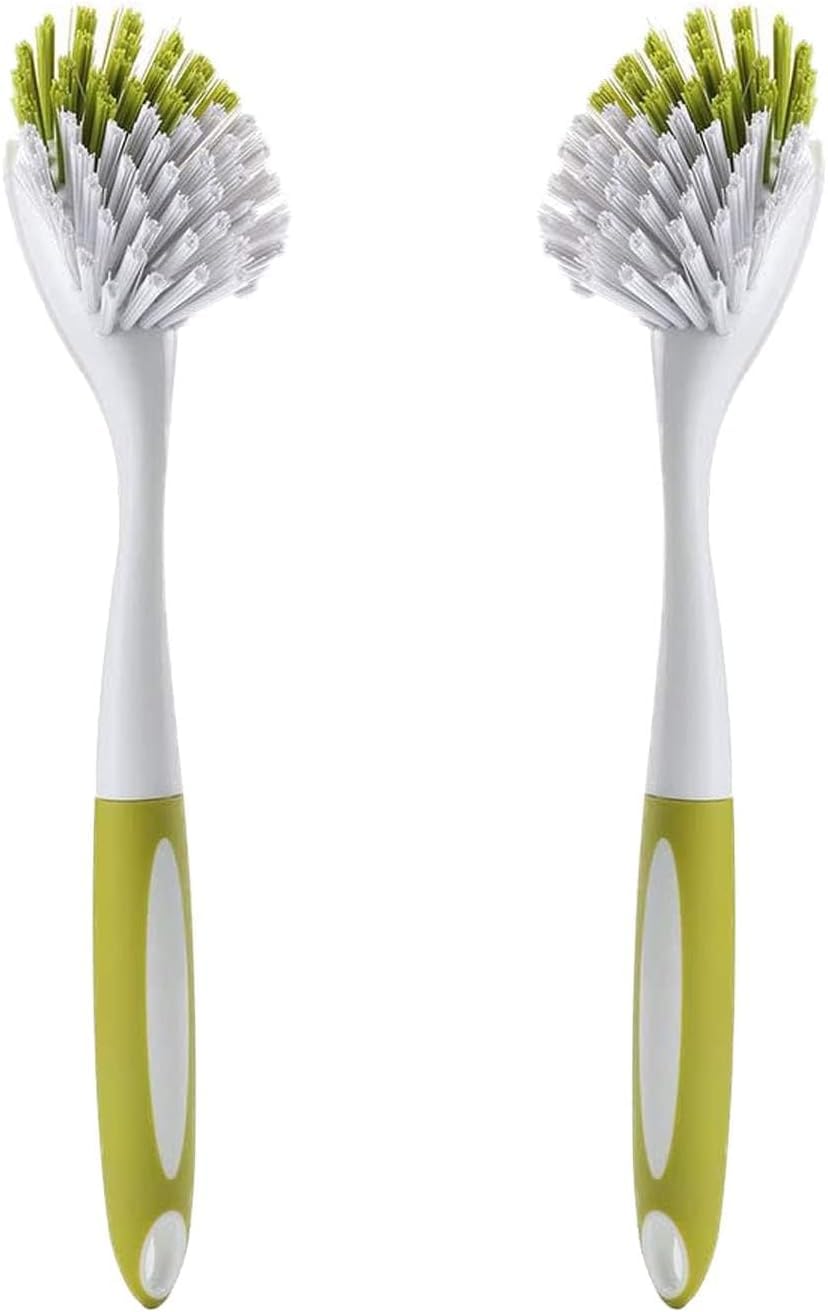 Aputue Saplı bulaşık fırçası, 2 adet mutfak temizleme gereci, sert kıllı fırça ile yerleşik kazıyıcılı tasarım, tencere tava ve lavabo için ergonomik tutuşlu etkili ev temizlik yardımcısı