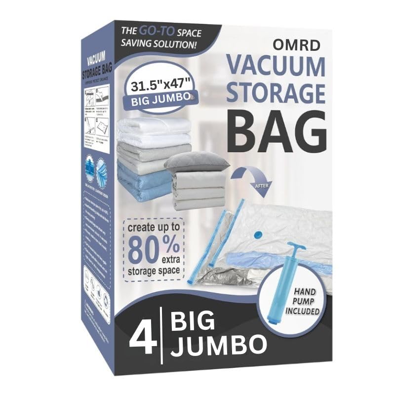 Image of 4 BIG Jumbo Vacuum Bags for Travel, Space Saver Bags Compression Storage Bags,Storage Vacuum Sealer Bags for Clothes Storage, Vaccine Packing Bag Size (4 BIG JUMBO (80x120cm) - WITH HANDPUMP)