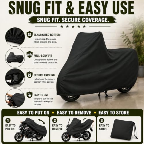 Image of Pivalo 100% Waterproof (Tested) Bike Body Cover for All Sports Bikes & Upto RE 350 Size | Dustproof, Windproof & UV Protected | All Weather Protection Two Wheeler Motorcycle Cover (XL, Black)
