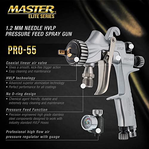 Tcp Global 2.5 Gallon - (10 Liter) Pressure Pot Paint Tank With Regulator Pressure Gauge And Master Elite 55 High-Performance Hvlp Pressure Feed Spray Gun 1.2Mm Tip And 25' Air And Fluid Hoses thumb #5