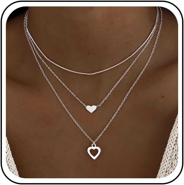 Andelaisi Boho Layered Heart Necklace Choker Tiny Love Heart Pendant Necklace Round Italian Snake Chain Necklace Hollow Heart Love Necklace Chain for Women