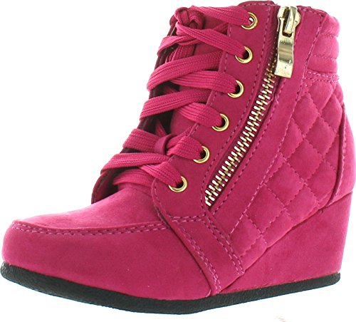 Link Peggy-63K Children Girl's Wedge Heel Lace Up Diamond Shape Quilted Sneakers,Fuchsia,2