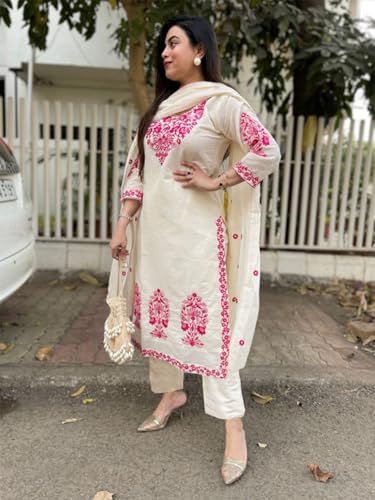 Image of GoSriKi Kurta Sets for Women Viscose Embroidered | Kurta Pant Dupatta Set | Straight Kurti Set for Women | Round Neck 3 /4 Sleeve Ethnic Suit | Designer Indian Kurti Outfit with Pants