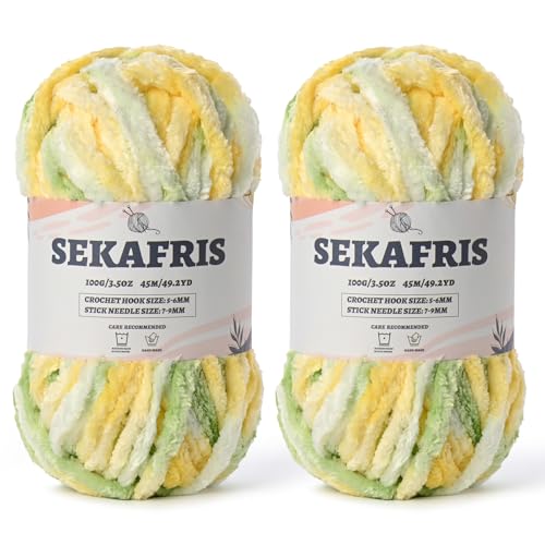 Image of Fuzzy Chunky Chenille Yarn for Crocheting,Soft Plush Yarn for Hand Knitting,Bulky 2x100g (2x49.2yd) Baby Blanket Yarn for Crocheting Amigurumi Yarns,Crochet Fluffy Velvet Yarn (2 Greenish Yellow)