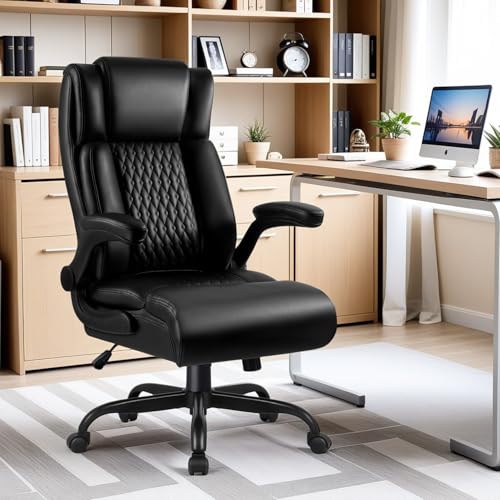 Ergonomic Black Leather Big and Tall Office Chair with Lumbar Support and Flip-up Arms
