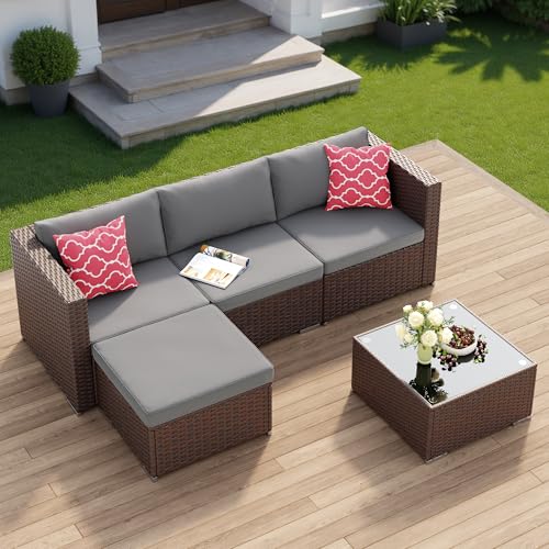 Aiho 5 Pieces Patio Furniture Set All-Weather Outdoor Wicker Sectional