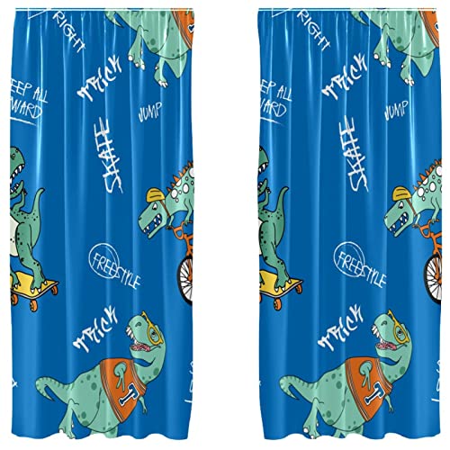 Cortinas opacas de microfibra azul de 2 paneles con patrón de dinosaurio 2