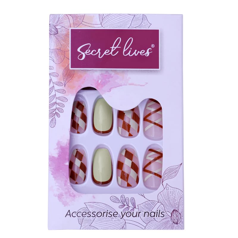 Image of Secret Lives Acrylic Fake Reusable False Artifical Press On Nails Pastel Green & Brown Color Combo 24 piece with kit