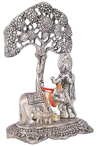 Image of Lavanaya Silver Lord Krishna with Cow Standing Under Tree Playing Flute Silver Plated Figurine (12x8x17cm), Floral