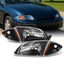AKKON - For 2000 2001 2002 Chevy Cavalier Coupe & Sedan Replacement Black Headlights w/Corner Lights Pair Set