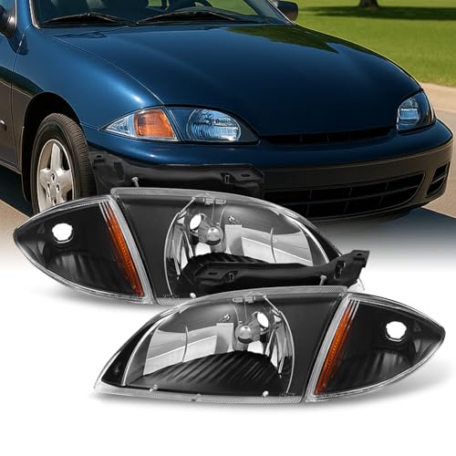 AKKON - For 2000 2001 2002 Chevy Cavalier Coupe & Sedan Replacement Black Headlights w/Corner Lights Pair Set