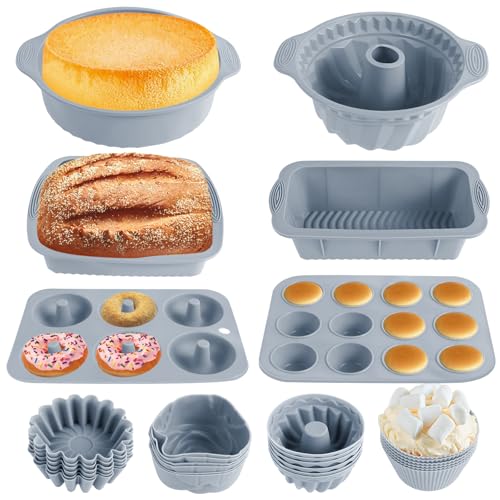 DJAPWPX 30Pcs Silicone Bakeware Set Including Cake Mold, Muffin Pan, Donut Pan, 24 Silicone Cupcake Molds (Gray)