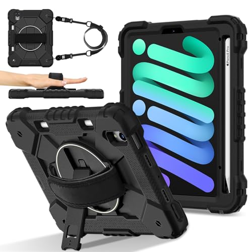 Coque iPad mini 7 A17 Pro silicone antichoc avec support rotatif et bandoulière