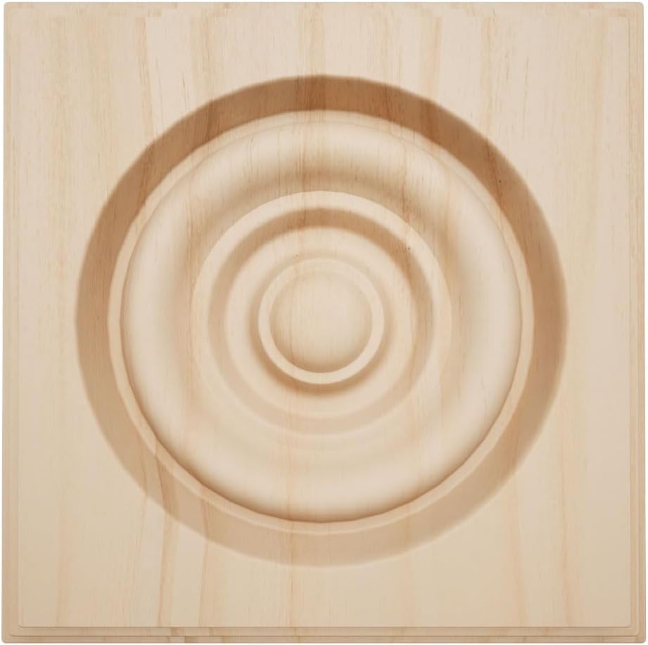 2 1/2"W x 2 1/2"H x 7/8"P Americraft Solid Hardwood Stain Grade Square Rosette with Center Bullseye with Decorative Edge, Alder