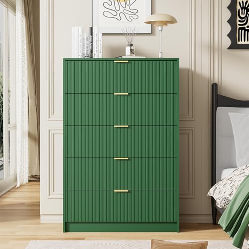 Image of Furniway Green Dresser Bedroom Set 3 Pieces, Nightstands Sets of 2, 5 Drawer Dresser with Gold Handles for Bedroom
