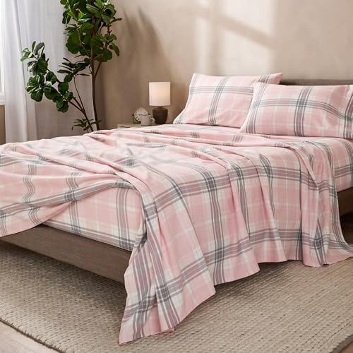 Bare Home Flannel Sheet Set Prints, 100% Cotton, Velvety Soft Heavyweight - Double Brushed Flannel - Deep Pocket (Queen, Aurora Plaid - Pink) - Thumbnail 5