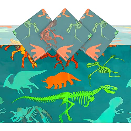 Image of BLUE PANDA Dinosaur Tablecloths for Birthday Party - 54 x 108 in, Green, Pack of 3, Disposable Plastic - Dinosaur Birthday Tablecloth - Disposable Table Covers for Baby Shower Decor