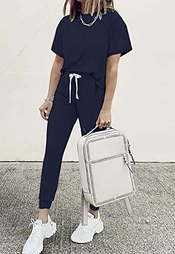 Image of PRETTYGARDEN Women Summer Two Piece Outfits Striped Short Sleeve Pullover and Long Pants Tracksuit Travel Pajama Lounge Set