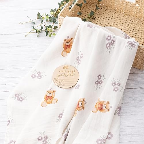 Image of BabyWhale Muslin Swaddle Blanket with Hat and Headband Bow, Flower and Bear Print Swaddle Set for Baby Boys & Girls, Soft Breathable Unisex Receiving Blanket Wrap, 47x47 inches