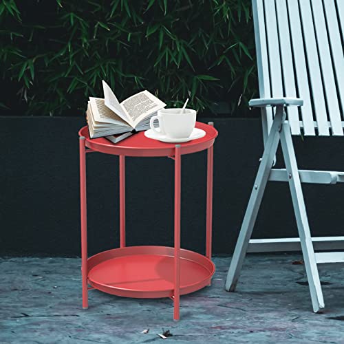 Grand patio Indoor & Outdoor Side Table 2-Tier, Weather-Resistant Steel Round End Table for Porch, Poolside, Bedroom, Living Room (Red 2-Tier)