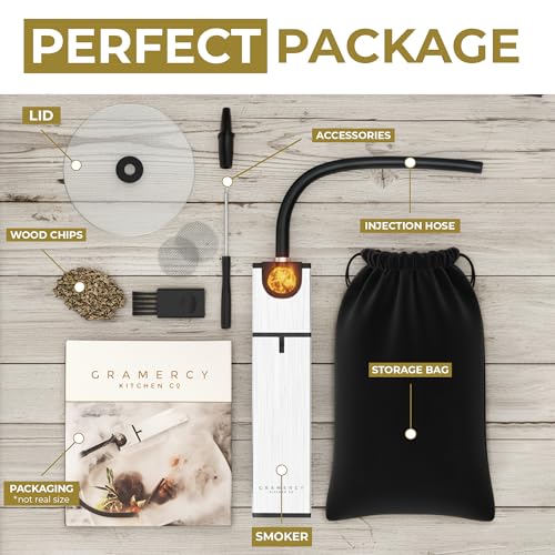 Gramercy Kitchen Co. Portable Smoking Gun | Hand-Held Smoke Infuser Small Mini Kitchen Smoker for Meat & Cocktails | Indoor Food & Drink Smokers for Sous Vide Accessories | Bonus Storage Bag Aluminum