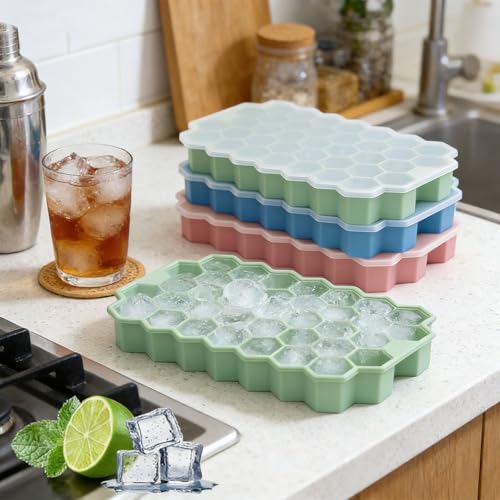 Image of Ice Cube Trays for Freezer, 3 Pack Silicone Ice Cube Mold with Lid-37 Grid, Easy-Release Reusable 111 PCS Small Ice Cubes for Ice Bucket Iced Coffee Cocktail Whisky Soup Food