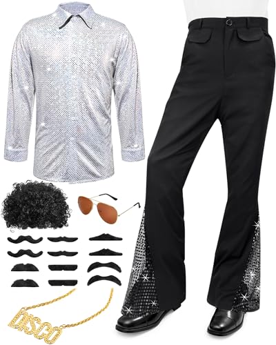 Mepase 70s Disco Outfit Costume for Boys Kids Bell Bottom Pants Disco Shirts for Halloween Dress Up(Silver,Xs(height40-48 In))