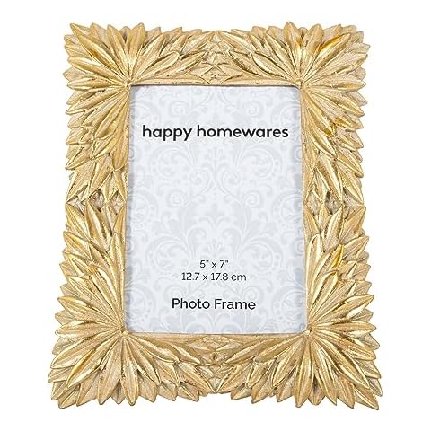 Happy Homewares Stylish and Classic Bright Mat Gold Resin 5x7 Rectangular Picture Frame with Floral Sunflower Decoration | Portrait or Landscape | Table or Wall Hanging Cover