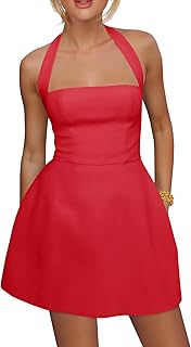 Womens Sexy Halter Mini Dress Summer Backless Square Neck A Line Flared Club Party Dresses