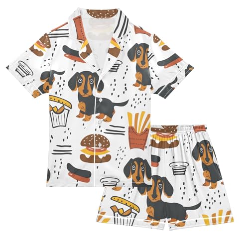 ALAZA Dachshund Dog French Fries Pajamas Satin Pajama Set Short Sleeve Button Down Sleepwear