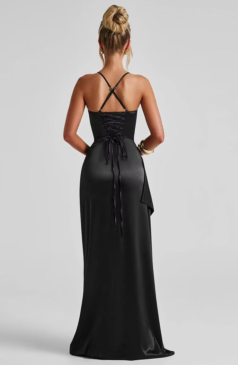 BOLENSYE Ruffle Satin Prom Dresses for Women Spaghetti Strap Bridesmaid Dress with Slit Long Formal Gown