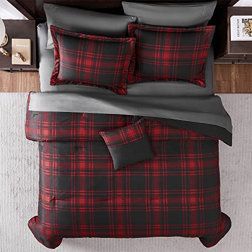 Image of MaiReve Queen Comforter Set, Classic Red Black Plaid Bedding Set 7 Pieces, Farmhouse Lightweight All Season Bed in a Bag with Sheets, Pillowcases & Shams
