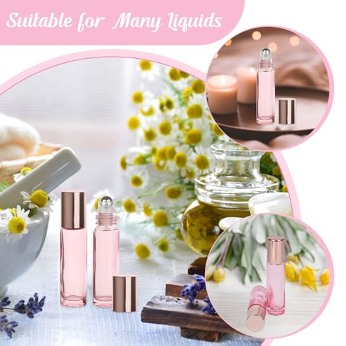 SONEER Roll on Glasflaschen für Ätherisches Öl, Roll on Flasche Leer 10 ml mit Edelstahl-Ball, Rollon Flaschen mit Öffner, Tropfer, Strohhalm, Etiketten für Aromatherapie Massage (Rosa, 6 Stück)