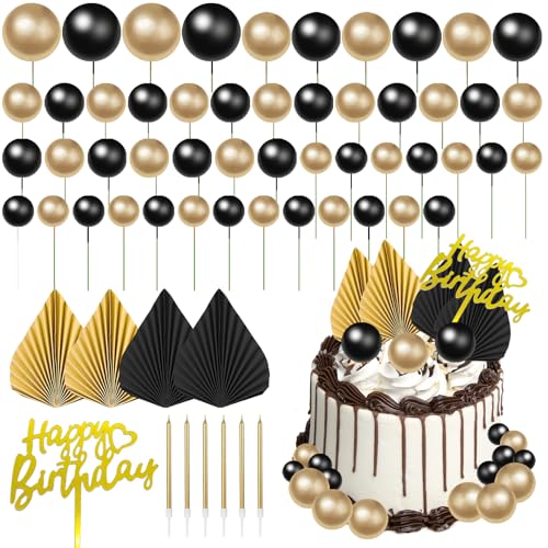 GOTRUST 61PCS Boules de Décoration de Gâteau Or Noir, Topper Gâteau Mini Ballon, Balle Gâteau Topper, Happy Birthday Toppers Boule Cupcakes pour...