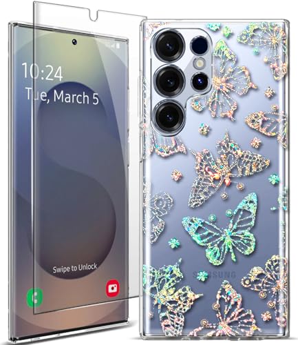 Coolwee Iridescent Clear Glitter for Samsung Galaxy S25 Ultra Case, Slim Shockproof Cute Crystal Bling Butterfly Women Hard Back Soft TPU Bumper Protective Cover for Samsung S25 Ultra Screen Protector