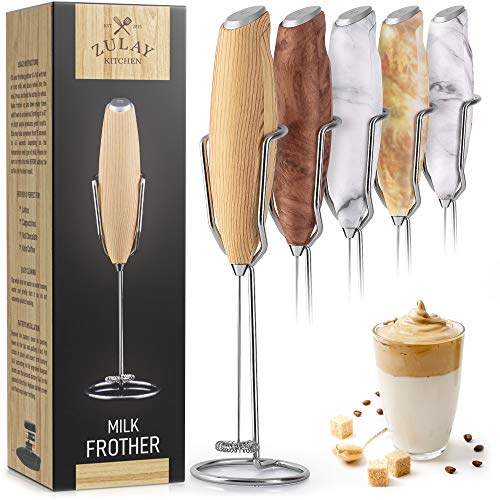 Zulay Milk Frother Handheld Foam Maker With Upgraded Holster Stand - Powerful Coffee Frother Electric Handheld Mixer - Battery Operated Frother For Coffee with Stainless Steel Electric Whisk Maple