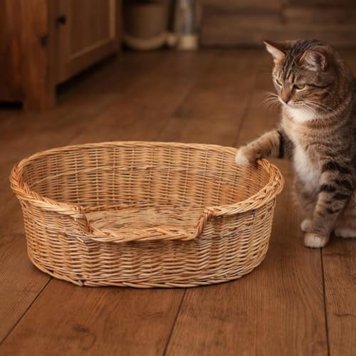 Damian-Wiklina Gemütliches handgeflochtenes Weidenkorb-Tierbett für Hunde und Katzen aus Naturweide, Größe 43 × 28 cm, niedriger Einstieg 10 cm und erhöhter Rücken 14 cm