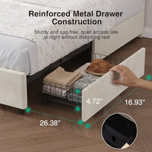 Image of Novilla Full Size Bed Frame with Drawers /Charging Station /LED Light, White