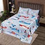 Avión de dibujos animados para niños y niñas Aviones de dibujos animados Helicóptero Conjunto de colcha azul marino rojo acolchado avión Kawaii con 1 funda de almohada 2 piezas ropa de cama individual
