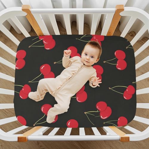 Image of Caikeny Fitted Crib Sheet for Boys Girls Red Cherry Black Baby Crib Sheets Bassinet Sheets Crib Mattress Bed Sheets for Toddler Newborn Infant 27 x 39 in