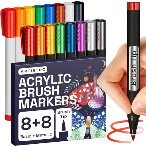 Image of ARTISTRO Paint Markers 16 Colors - Acrylic Pens for Rock, Glass, Fabric, DIY - Art Supplies - 16 Brush Tip Markers
