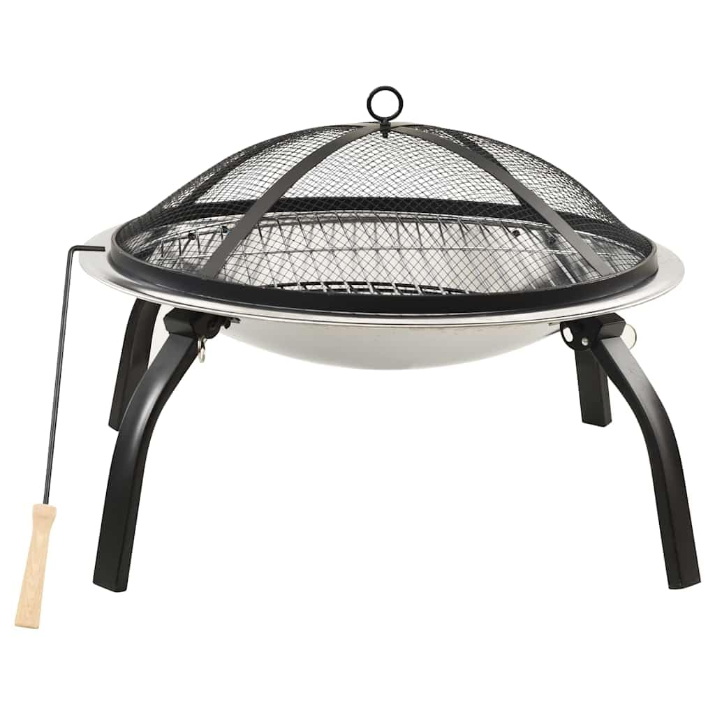 Palenisko i grill 2 w 1 ze stali nierdzewnej, 56 x 56 x 49 cm, z ochroną przed iskrami, pogrzebacz, ruszt do grillowania, składane nogi do ogrodu, na zewnątrz, ciepło i przytulna atmosfera